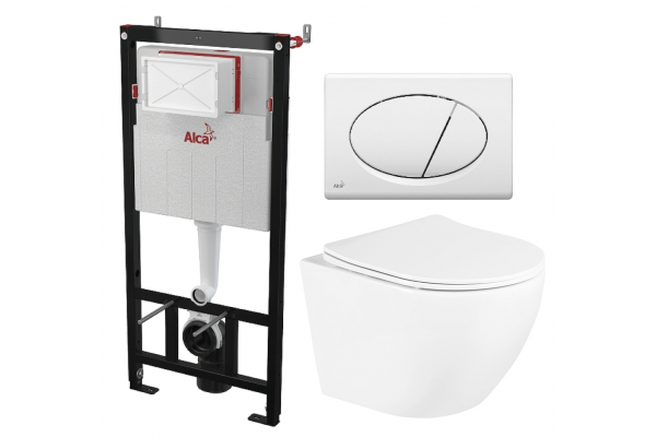Комплект 3 в 1 инсталляция AlcaPlast + Унитаз подвесной BelBagno Uno + кнопка белая в современном стиле