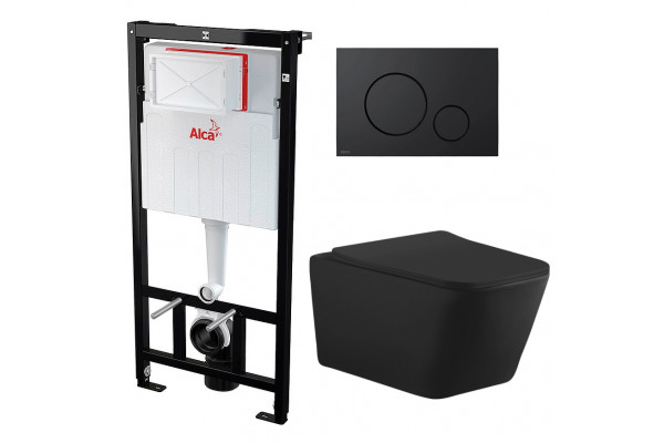 Комплект 3 в 1 инсталляция AlcaPlast + Унитаз подвесной Aquanet Tavr-W BW 287011 + черная кнопка в современном стиле
