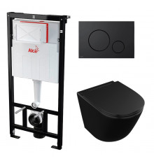 Комплект 3 в 1 инсталляция AlcaPlast + Унитаз подвесной Owl 1975 Vind Cirkel-H Matt Black OWLT190305 + черная кнопка в современном стиле