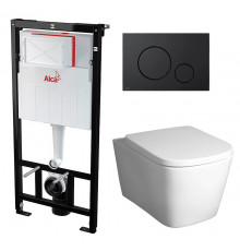 Комплект 3 в 1 инсталляция AlcaPlast + Унитаз подвесной BelBagno Albano BB120CHR + черная кнопка в стиле hi-tech