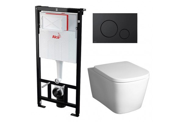 Комплект 3 в 1 инсталляция AlcaPlast + Унитаз подвесной BelBagno Albano BB120CHR + черная кнопка в стиле hi-tech