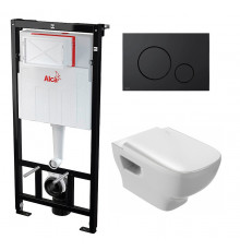 Комплект 3 в 1 инсталляция AlcaPlast + Унитаз подвесной Jacob Delafon Struktura EDE102-00 + черная кнопка в современном стиле