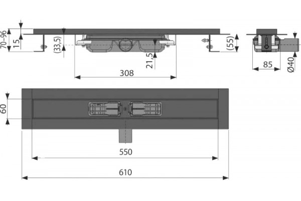Душевой лоток AlcaPlast APZ101BLACK-550 без решетки в пол около стены, выпуск боковой