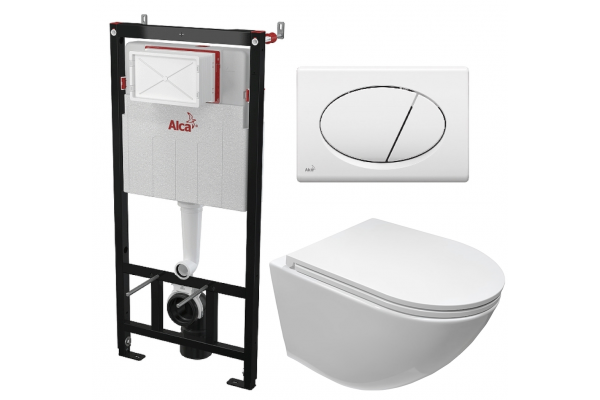 Комплект 3 в 1 инсталляция AlcaPlast + Унитаз подвесной Cerutti Spa Sella aria CT7183 + кнопка белая в современном стиле