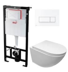 Комплект 3 в 1 инсталляция AlcaPlast + Унитаз подвесной Cerutti Spa Sella aria CT7183 + кнопка белая в современном стиле
