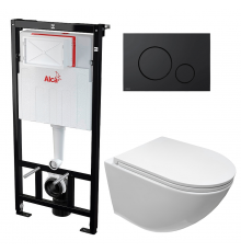 Комплект 3 в 1 инсталляция AlcaPlast + Унитаз подвесной Cerutti Spa Sella aria CT7183 + черная кнопка в современном стиле