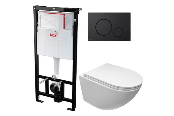 Комплект 3 в 1 инсталляция AlcaPlast + Унитаз подвесной Cerutti Spa Sella aria CT7183 + черная кнопка в современном стиле