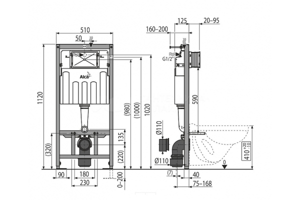 Комплект 3 в 1 инсталляция AlcaPlast + Унитаз подвесной Cerutti Spa Sella aria CT7183 + черная кнопка в современном стиле