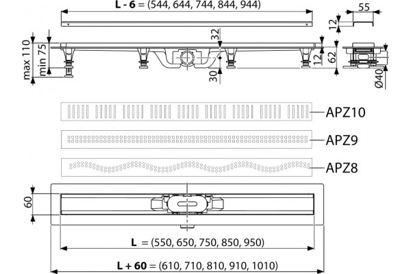 Душевой лоток AlcaPlast APZ9-Simple AG100201650 (APZ9-650M) с решеткой и опорами, в пол около стены, выпуск боковой