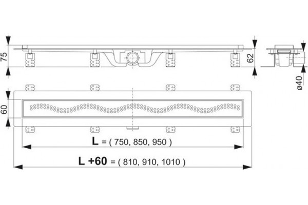 Душевой лоток AlcaPlast APZ8-Simple AG100101750 с решеткой и опорами, в пол около стены, выпуск боковой