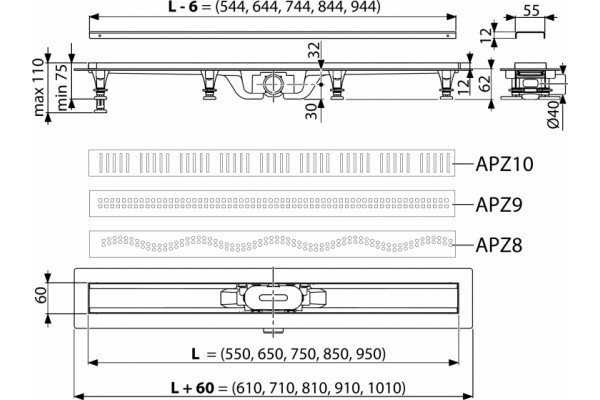 Душевой лоток AlcaPlast APZ9-Simple 550 с решеткой и опорами, серый, хром, выпуск боковой
