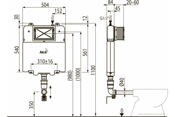 Смывной бачок скрытого монтажа AlcaPlast Basicmodul Slim AM1112B цвет белый, объем 4/9 л, 48x8x107 см