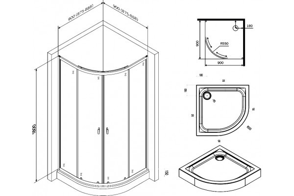Душевой уголок Am.Pm X-Joy Twin Slide W88E-205-090MT64 90x90, с поддоном, четверть круга, двери раздвижные