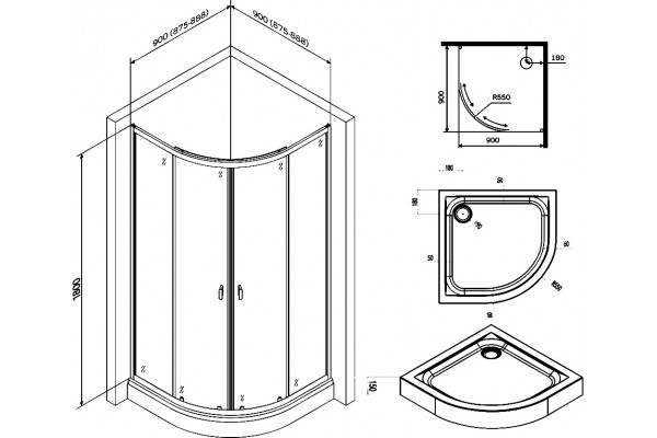 Душевой уголок Am.Pm X-Joy Twin Slide W88E-205-090BT64 90x90, с поддоном, четверть круга, двери раздвижные
