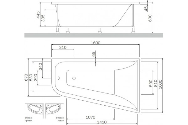 Акриловая ванна Am.Pm Spirit 160x100 R пристенная, асимметричная, объем 185 л.