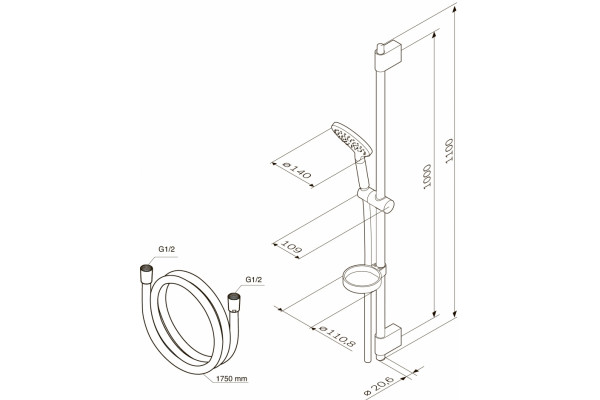 Душевой гарнитур Am.Pm Inspire F0150000 хром, штанга 110 см, шланг 175 см