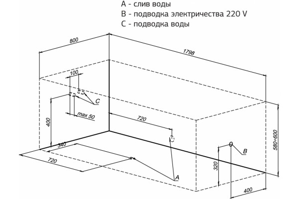 Акриловая ванна Aquanet Bright 180x80 прямоугольная, пристенная, объем 220 л.
