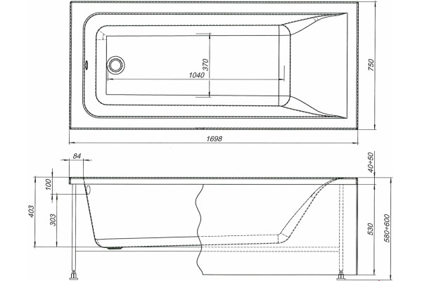 Акриловая ванна Aquanet Bright 170x75 прямоугольная, пристенная, объем 190 л.