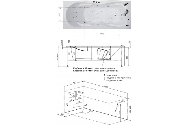 Акриловая ванна Aquanet Viola 180x75 с каркасом, прямоугольная, пристенная