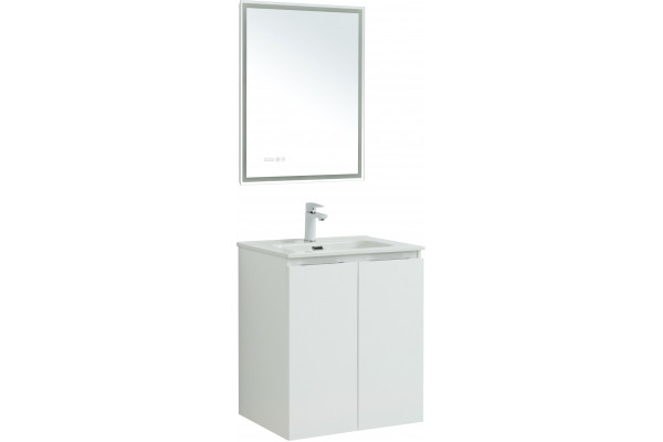 Тумба с раковиной Aquanet Алвита new 60 подвесная, белая матовая, с дверками, с доводчиками, ручки хром