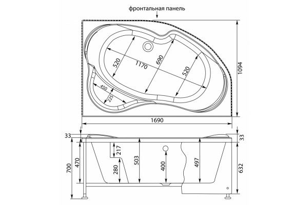 Акриловая ванна Aquanet Capri 170x110 R пристенная, асимметричная, объем 380 л.