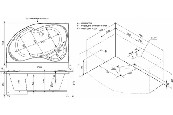Акриловая ванна Aquanet Capri 160x100 L пристенная, асимметричная, объем 310 л.