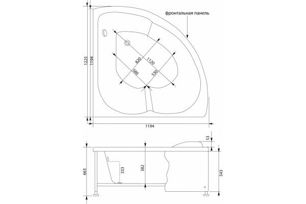 Акриловая ванна Aquanet Fregate 122x122 с каркасом, четверть круга, пристенная