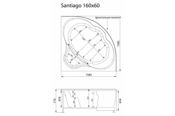 Акриловая ванна Aquanet Santiago 160x160 пристенная, четверть круга