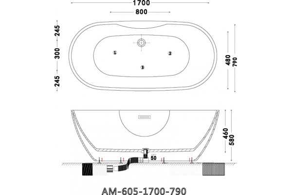 Акриловая ванна Art&Max AM-605-1700-790 овальная, отдельностоящая, объем 255 л.