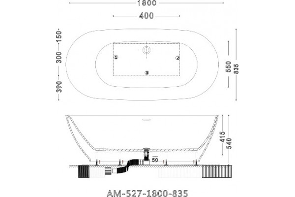 Акриловая ванна Art&Max AM-527-1800-835 овальная, отдельностоящая, объем 264 л.