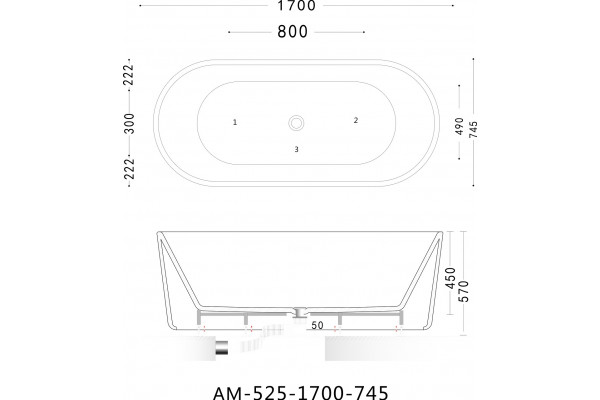 Акриловая ванна Art&Max AM-525-1700-745 овальная, отдельностоящая, объем 239 л.