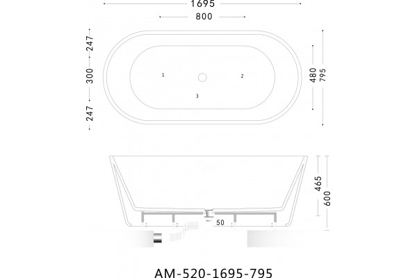 Акриловая ванна Art&Max AM-520-1695-795 овальная, отдельностоящая, объем 264 л.