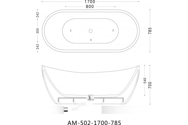Акриловая ванна Art&Max AM-502-1700-785 овальная, отдельностоящая, объем 312 л.