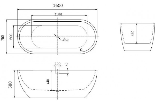 Акриловая ванна Art&Max AM-218-1600-750 160x75 овальная, отдельностоящая