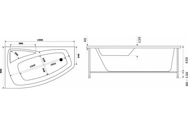 Акриловая ванна Bas Камея 150x90 L асимметричная, встраиваемая, объем 210 л.