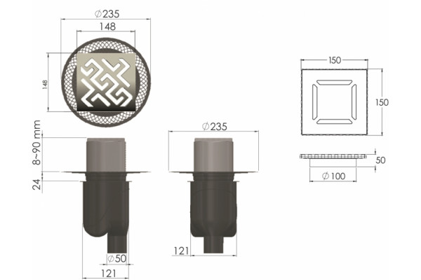 Душевой трап Berges Wasserhaus Platz Antik 090061 15x15 см хром, в пол около стены