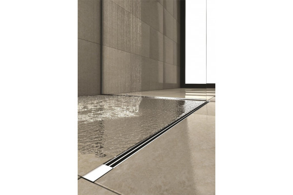 Душевой лоток Berges Wasserhaus Super Slim 400 матовый хром, вертикальный, к стене, выпуск прямой