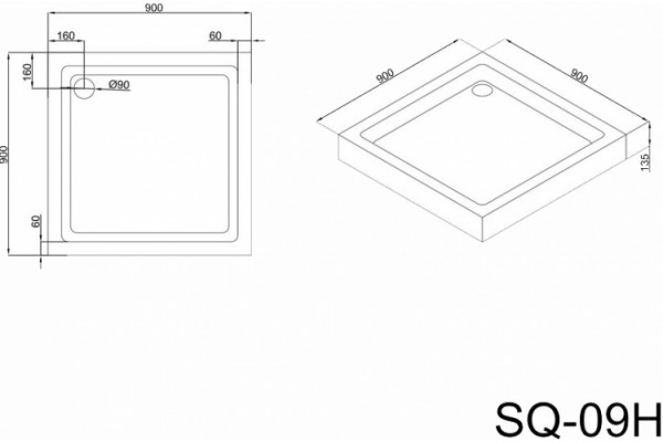 Поддон для душа Black&White Stellar Wind SQ-09H квадратный, низкий