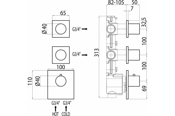 Термостат Bossini OKI 2 Outlets LP Z031203 для ванны с душем, хром, термостат