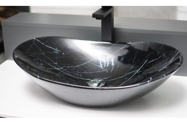 Раковина CeramaLux NC 7404BM 60.5 x 36 x 14 см накладная, округлая, черный мрамор в современном стиле