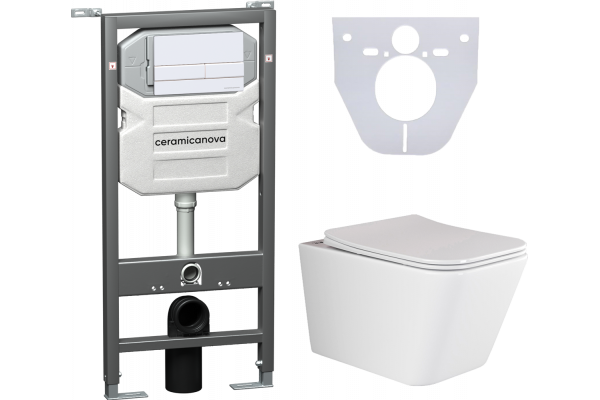 Комплект Унитаз подвесной Ceramica Nova Metric Rimless CN3007 с микролифтом, безободковый + Система инсталляции для унитазов Ceramica Nova Envision CN1002W с кнопкой смыва и шумоизоляционной панелью, цвет белый