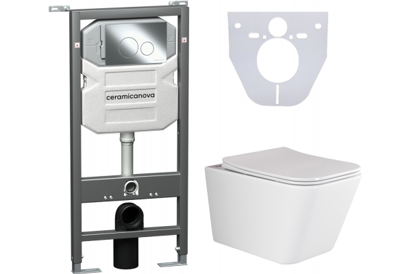 Комплект Унитаз подвесной Ceramica Nova Metric Rimless CN3007 с микролифтом, безободковый + Система инсталляции для унитазов Ceramica Nova Envision CN1001CH с кнопкой смыва и шумоизоляционной панелью, цвет белый