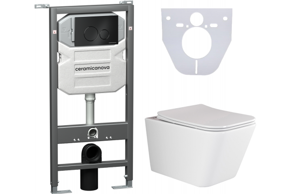 Комплект Унитаз подвесной Ceramica Nova Metric Rimless CN3007 с микролифтом, безободковый + Система инсталляции для унитазов Ceramica Nova Envision CN1001B с кнопкой смыва и шумоизоляционной панелью, цвет белый