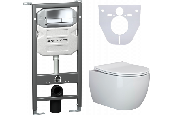 Комплект Унитаз подвесной Ceramica Nova Play CN3001 безободковый, с микролифтом + Система инсталляции для унитазов Envision CN1002CH с кнопкой смыва и шумоизоляционной панелью, цвет белый