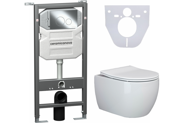 Комплект Унитаз подвесной Ceramica Nova Play CN3001 безободковый, с микролифтом + Система инсталляции для унитазов Envision CN1001CH с кнопкой смыва и шумоизоляционной панелью, цвет белый