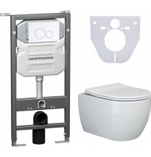 Комплект Унитаз подвесной Ceramica Nova Play CN3001 безободковый, с микролифтом + Система инсталляции для унитазов Envision CN1001W с кнопкой смыва и шумоизо