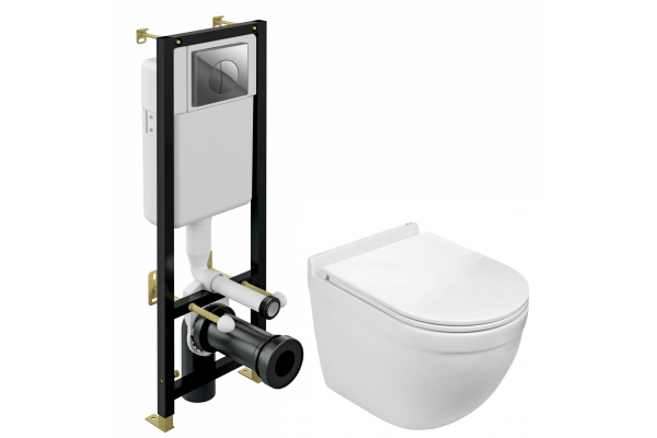 Комплект 3 в 1 инсталляция Cersanit Black + Подвесной унитаз WeltWasser Heimbach 004 GL-WT + кнопка хром в современном стиле