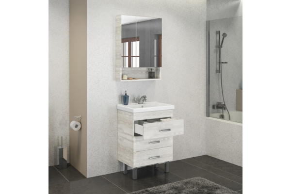 Зеркало-шкаф Comforty Никосия 60 дуб белый с полками, с доводчиками