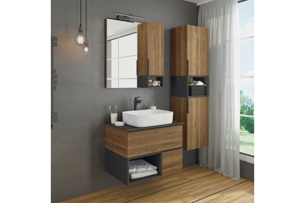 Зеркало-шкаф Comforty Штутгарт 75, дуб тёмно-коричневый, с дверками, прямоугольное