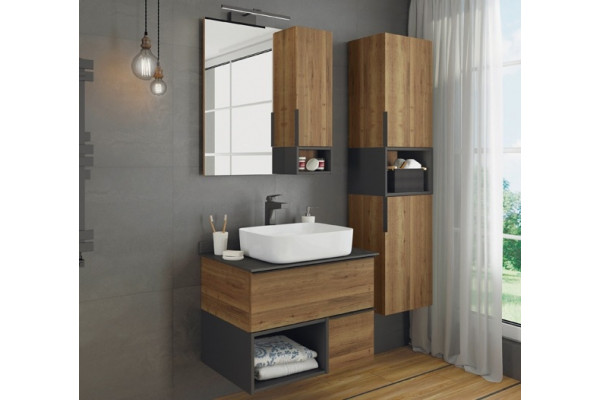Мебель для ванной Comforty Штутгарт 75, дуб тёмно-коричневый, с черной столешницей, подвесная, фурнитура матовая черная